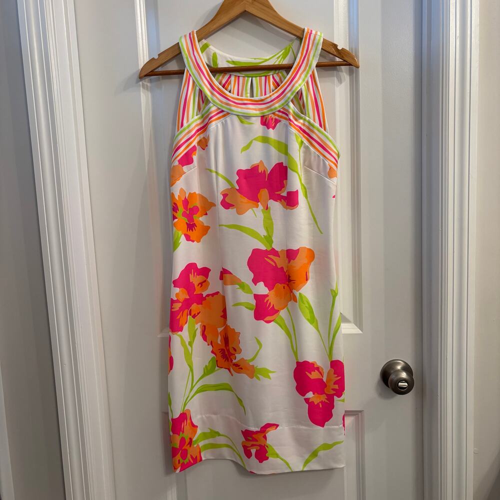 Gretchen Scott Isosceles Icon Dress XS Bright Floral Stripe Neck Stretch Shift - Picture 3 of 11